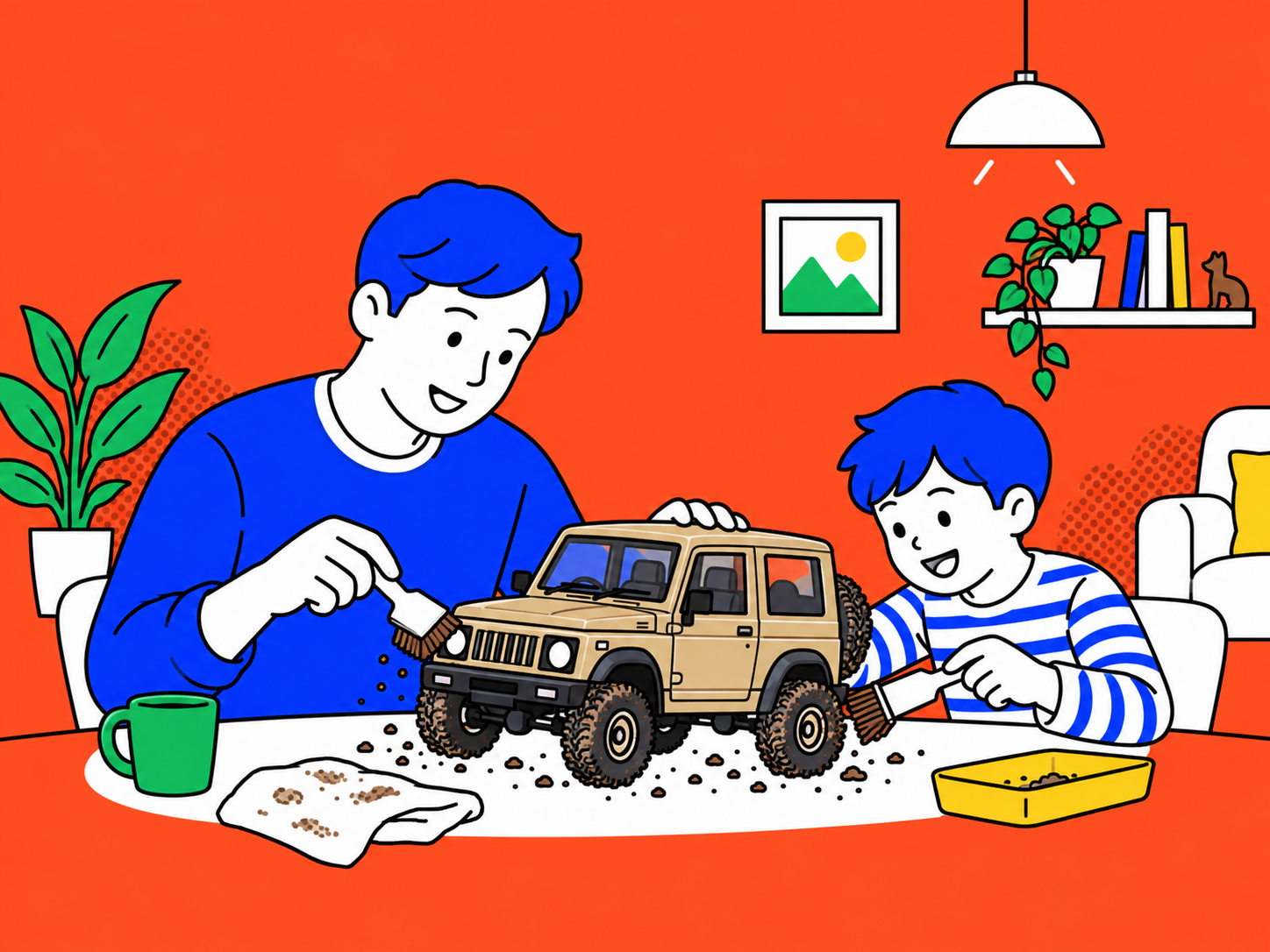 親子でC74 ジムニーのラジコンを家で手入れするイラスト