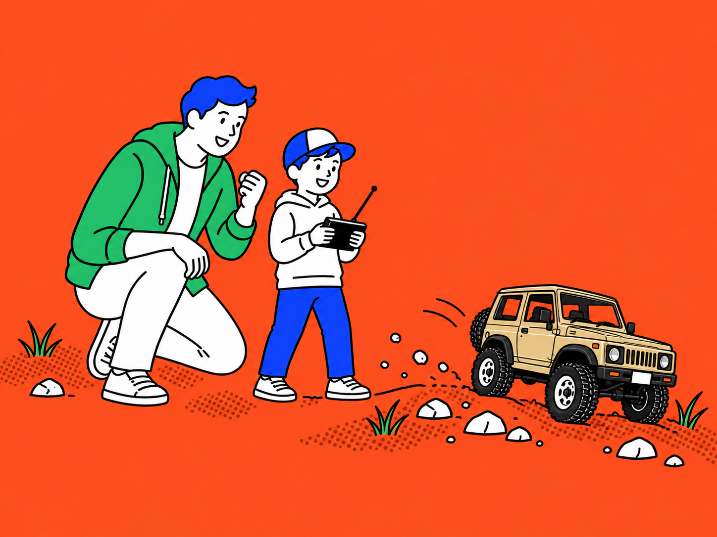 親子でC74 ジムニーのラジコンを初めて走らせるイラスト