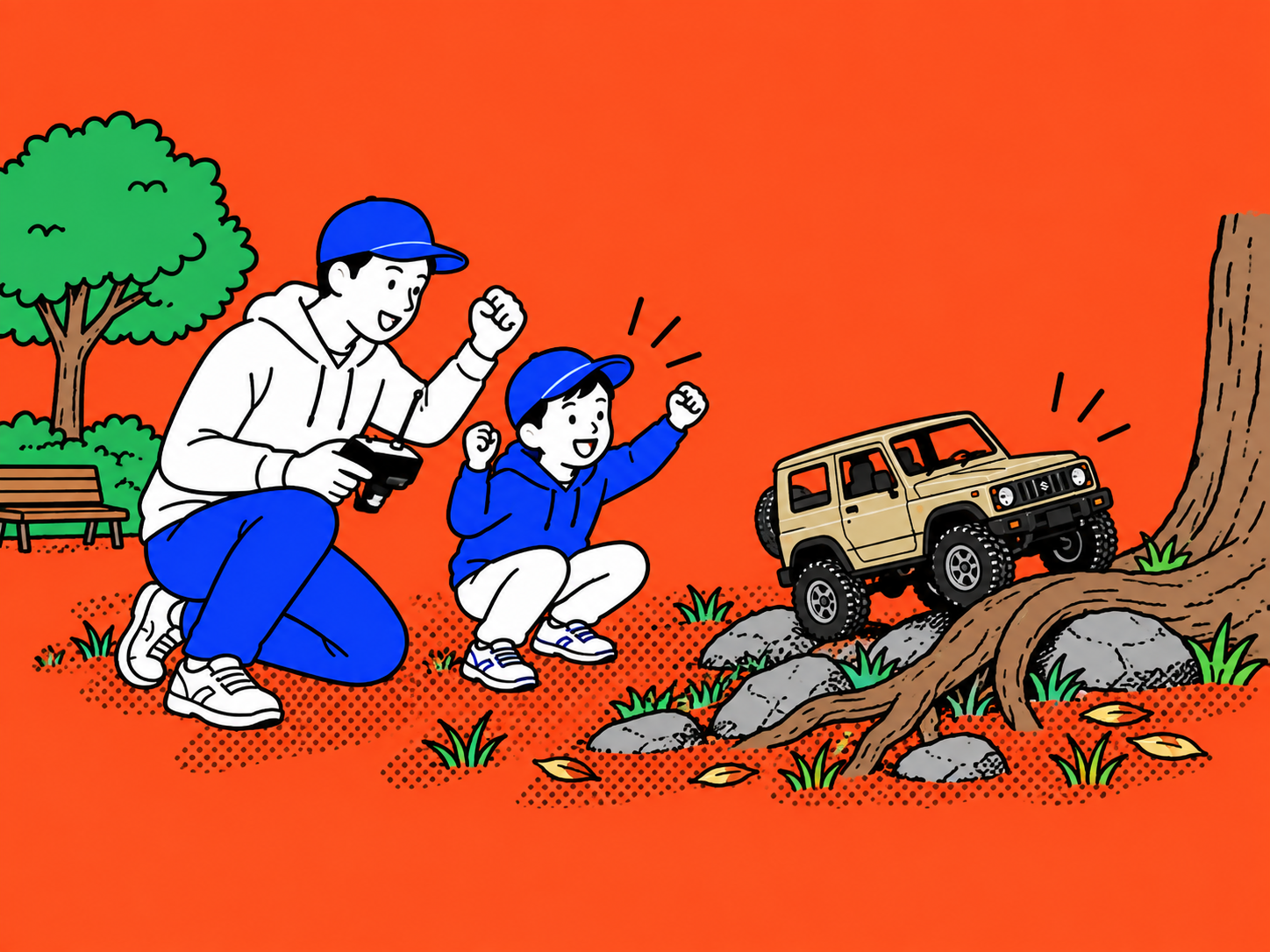 親子でC74 ジムニーを木の根や小石のコースで走らせるイラスト